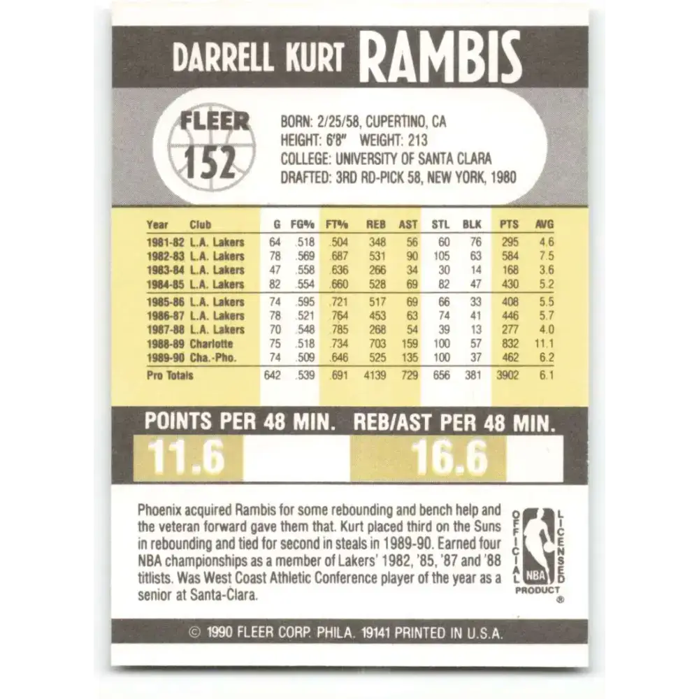 1990-91 Fleer #152 Kurt Rambis EX Excellent Phoenix Suns Basketball Card - Basketball Card Single