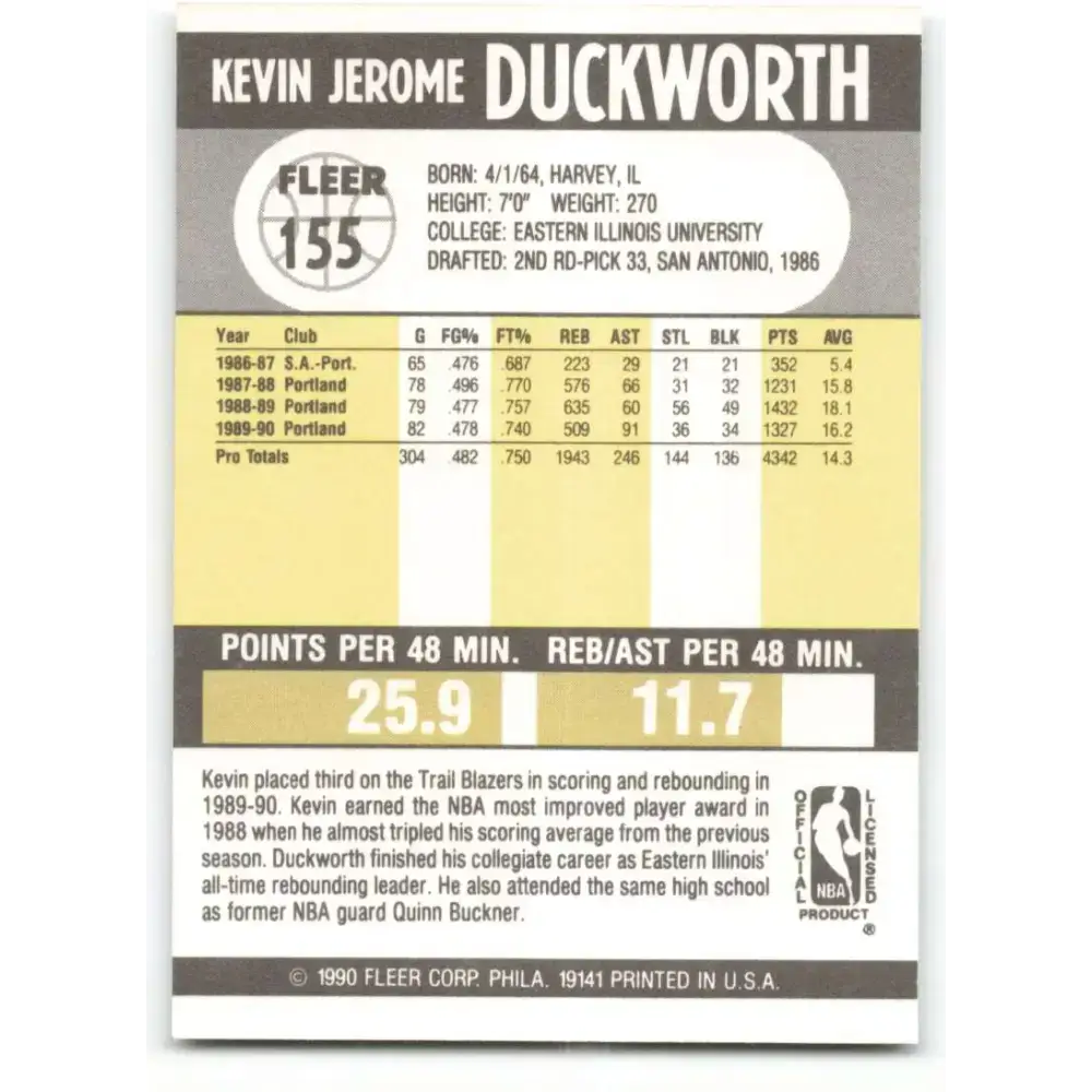 1990-91 Fleer #155 Kevin Duckworth EX Excellent Portland Trail Blazers Basketball Card - Basketball Card Single