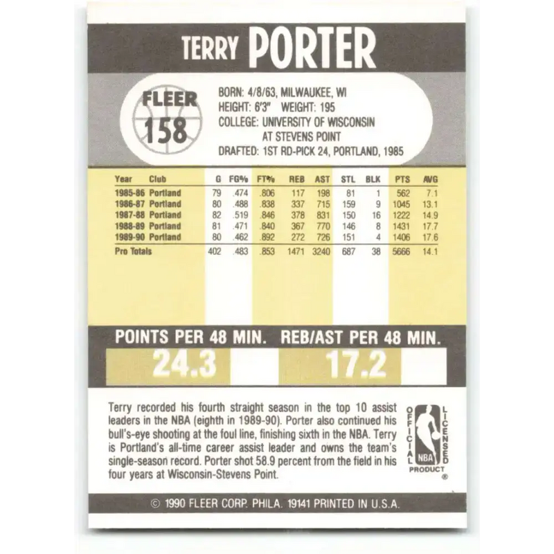1990-91 Fleer #158 Terry Porter EX Excellent Portland Trail Blazers Basketball Card - Basketball Card Single