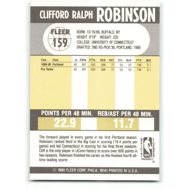 1990-91 Fleer #159 Clifford Robinson EX Excellent RC Rookie Portland Trail Blazers Basketball Card - Basketball Card