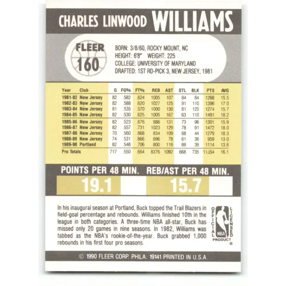 1990-91 Fleer #160 Buck Williams EX Excellent Portland Trail Blazers Basketball Card - Basketball Card Single