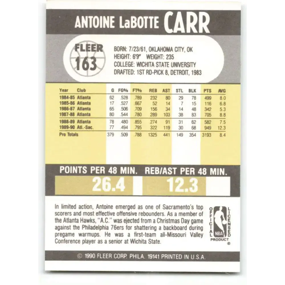 1990-91 Fleer #163 Antoine Carr EX Excellent Sacramento Kings Basketball Card - Basketball Card Single
