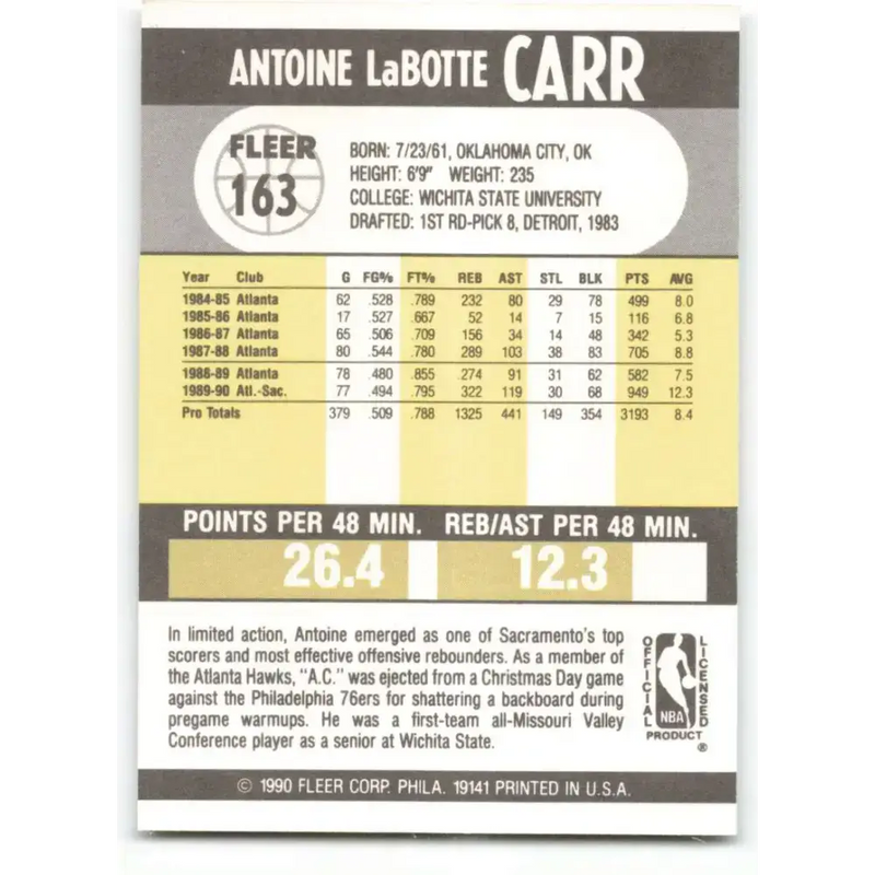 1990-91 Fleer #163 Antoine Carr EX Excellent Sacramento Kings Basketball Card - Basketball Card Single