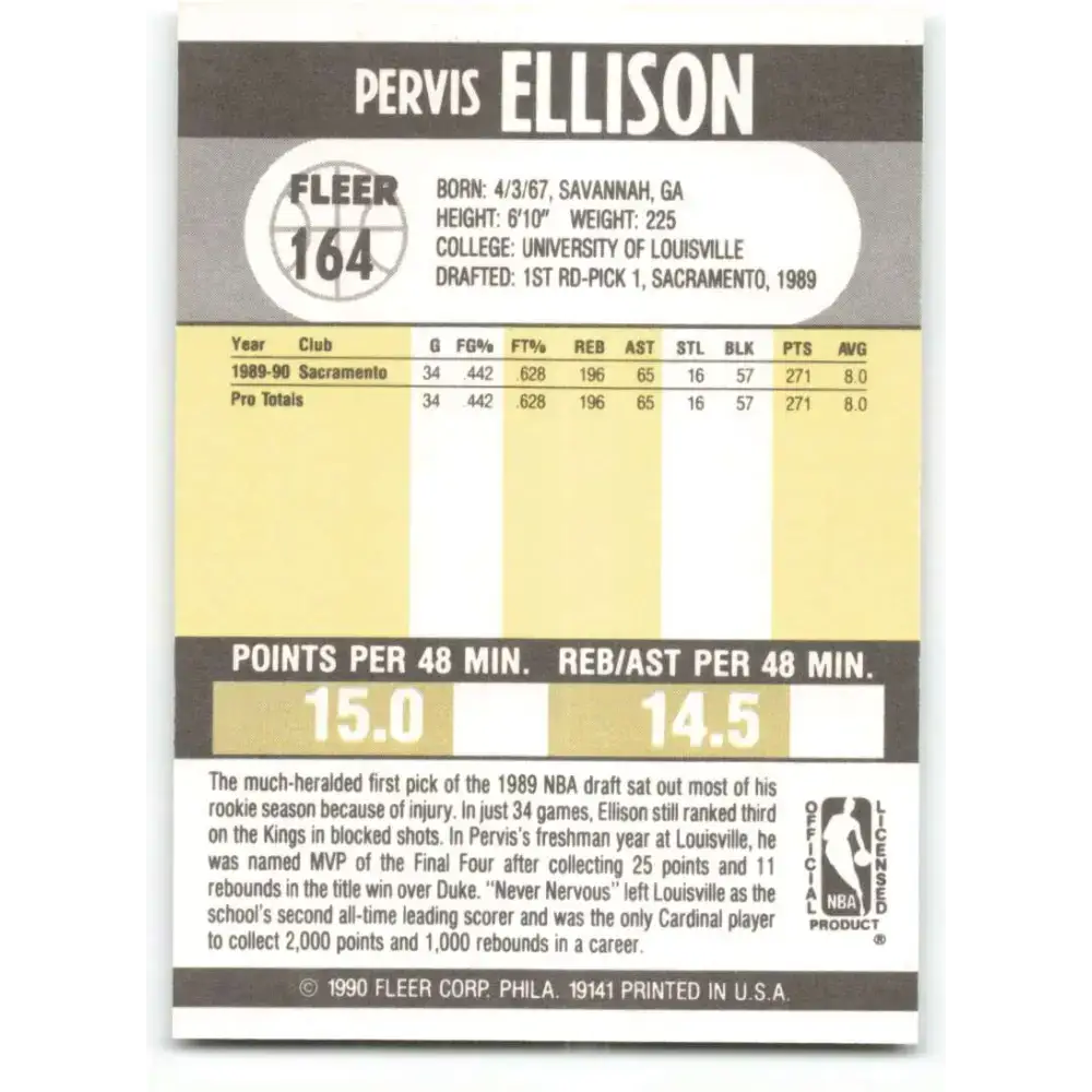 1990-91 Fleer #164 Pervis Ellison EX Excellent RC Rookie Washington Bullets Basketball Card - Basketball Card Single