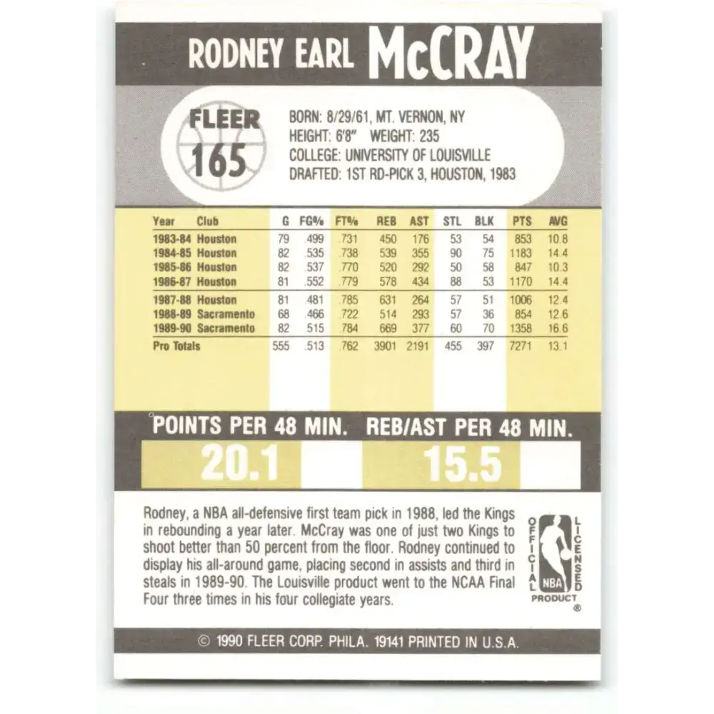 1990-91 Fleer #165 Rodney McCray EX Excellent Sacramento Kings Basketball Card - Basketball Card Single