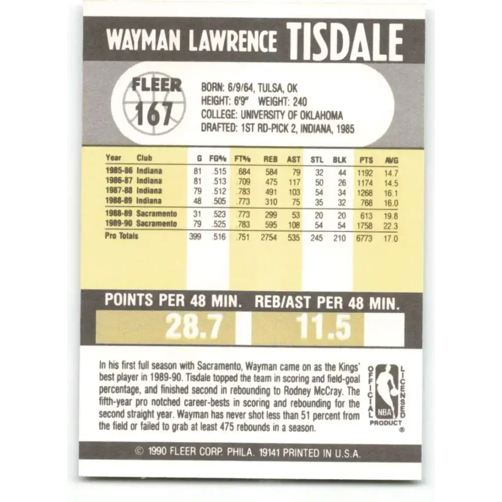1990-91 Fleer #167 Wayman Tisdale EX Excellent Sacramento Kings Basketball Card