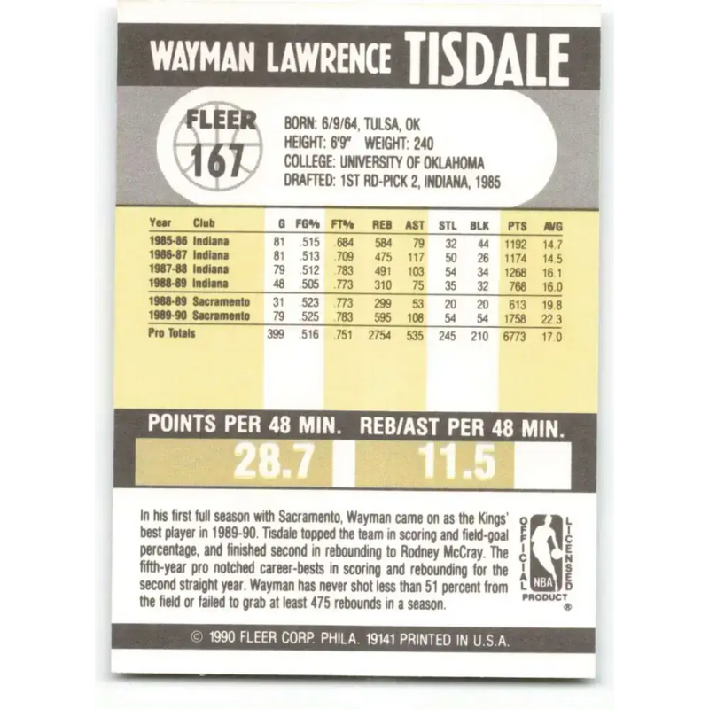 1990-91 Fleer #167 Wayman Tisdale EX Excellent Sacramento Kings Basketball Card