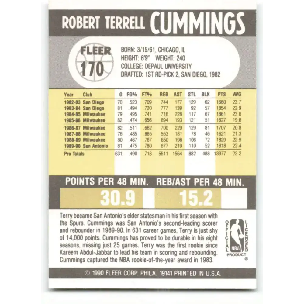 1990-91 Fleer #170 Terry Cummings EX Excellent San Antonio Spurs Basketball Card - Basketball Card Single
