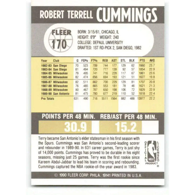 1990-91 Fleer #170 Terry Cummings EX Excellent San Antonio Spurs Basketball Card - Basketball Card Single