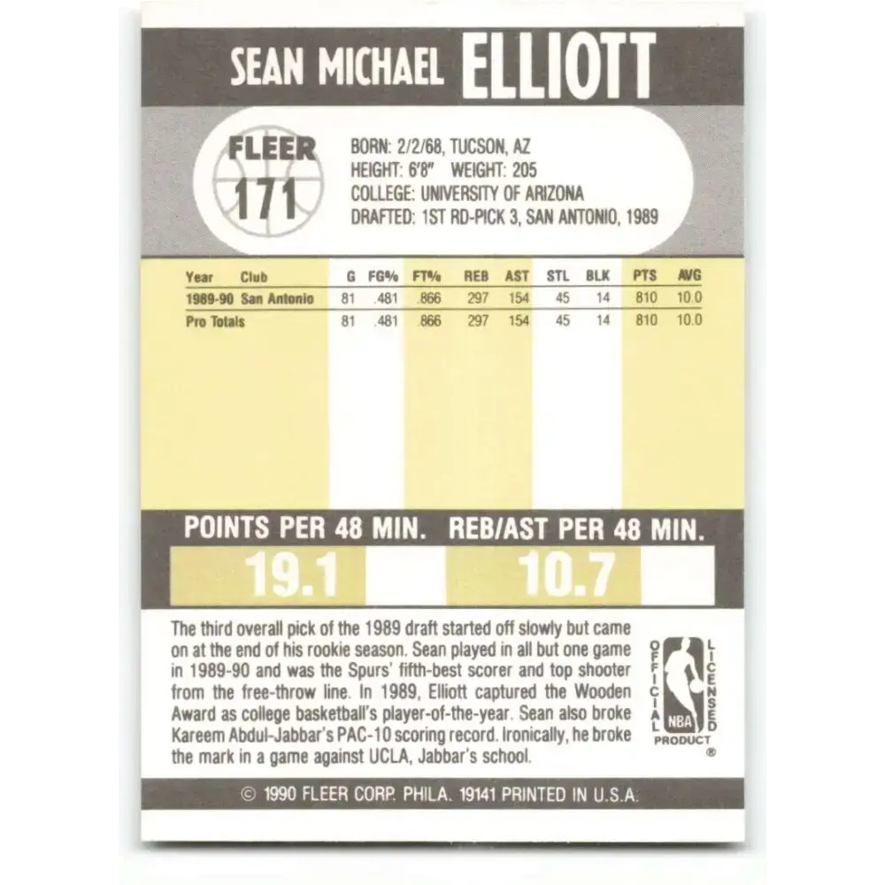1990-91 Fleer #171 Sean Elliott EX Excellent RC Rookie San Antonio Spurs Basketball Card - Basketball Card Single