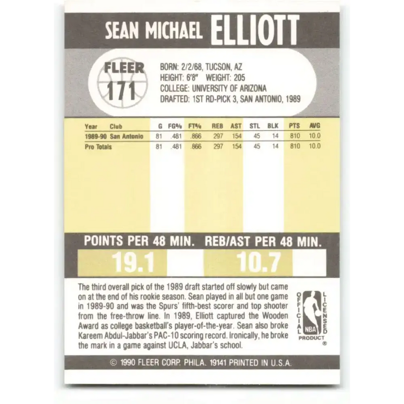 1990-91 Fleer #171 Sean Elliott EX Excellent RC Rookie San Antonio Spurs Basketball Card - Basketball Card Single
