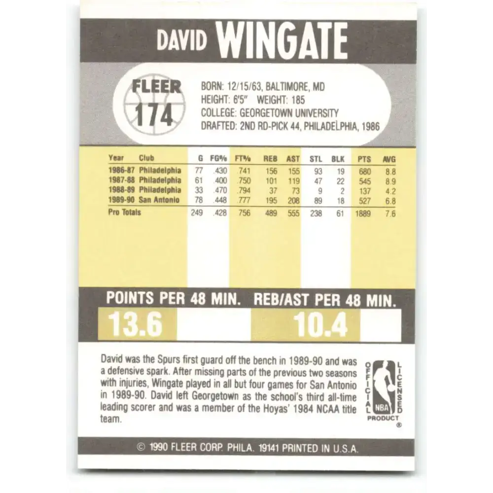 1990-91 Fleer #174 David Wingate EX Excellent San Antonio Spurs Basketball Card - Basketball Card Single