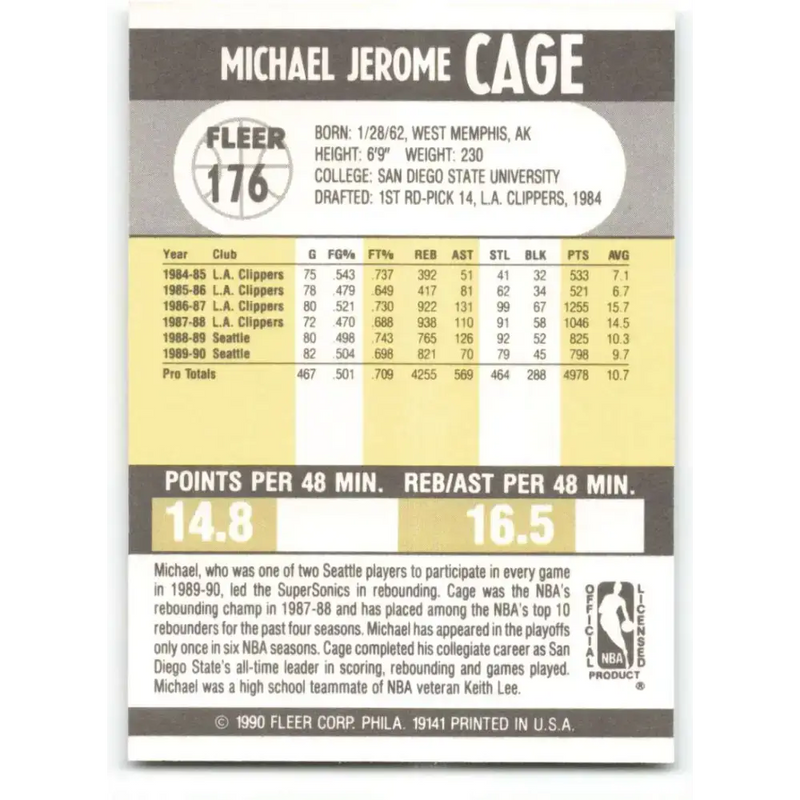 1990-91 Fleer #176 Michael Cage EX Excellent Seattle SuperSonics Basketball Card - Basketball Card Single