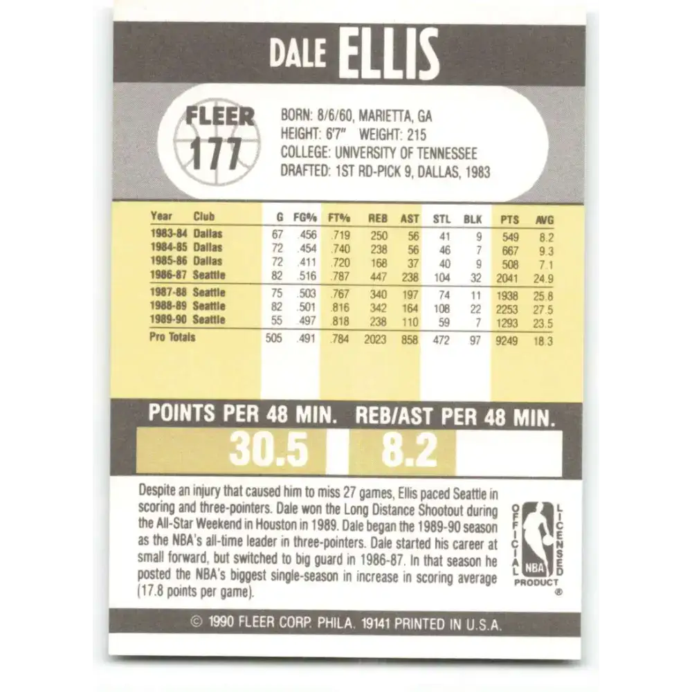 1990-91 Fleer #177 Dale Ellis EX Excellent Seattle SuperSonics Basketball Card - Basketball Card Single