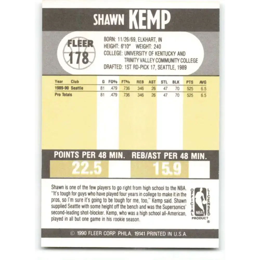 1990-91 Fleer #178 Shawn Kemp EX Excellent RC Rookie Seattle SuperSonics Basketball Card - Basketball Card Single