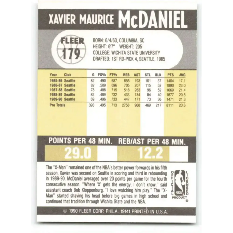 1990-91 Fleer #179 Xavier McDaniel EX Excellent Seattle SuperSonics Basketball Card - Basketball Card Single