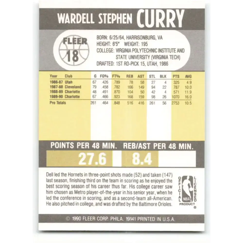 1990-91 Fleer #18 Dell Curry EX Excellent Charlotte Hornets Basketball Card - Basketball Card Single