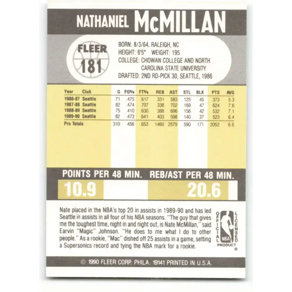1990-91 Fleer #181 Nate McMillan EX Excellent Seattle SuperSonics Basketball Card - Basketball Card Single