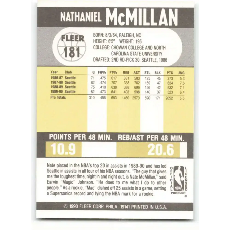 1990-91 Fleer #181 Nate McMillan EX Excellent Seattle SuperSonics Basketball Card - Basketball Card Single