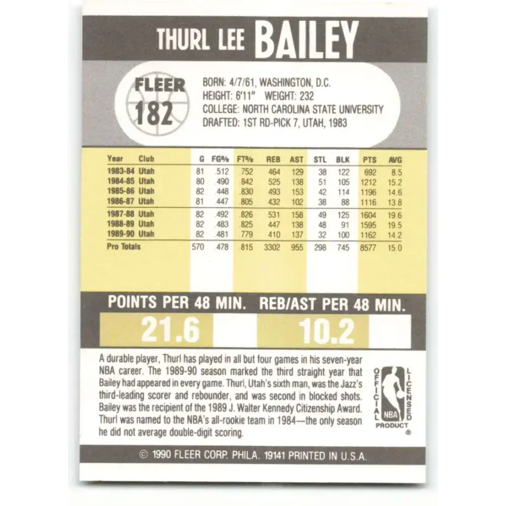 1990-91 Fleer #182 Thurl Bailey EX Excellent Utah Jazz Basketball Card - Basketball Card Single