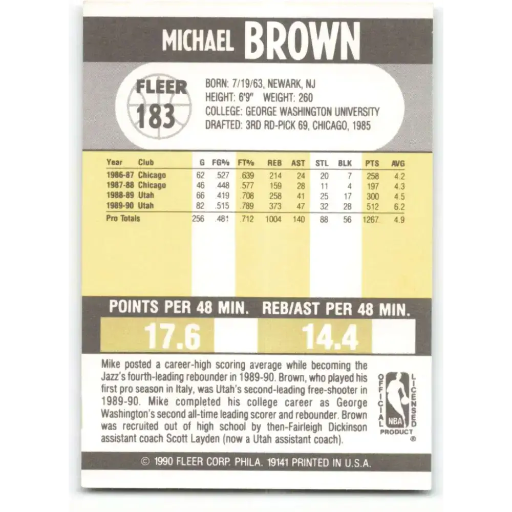 1990-91 Fleer #183 Mike Brown EX Excellent Utah Jazz Basketball Card - Basketball Card Single