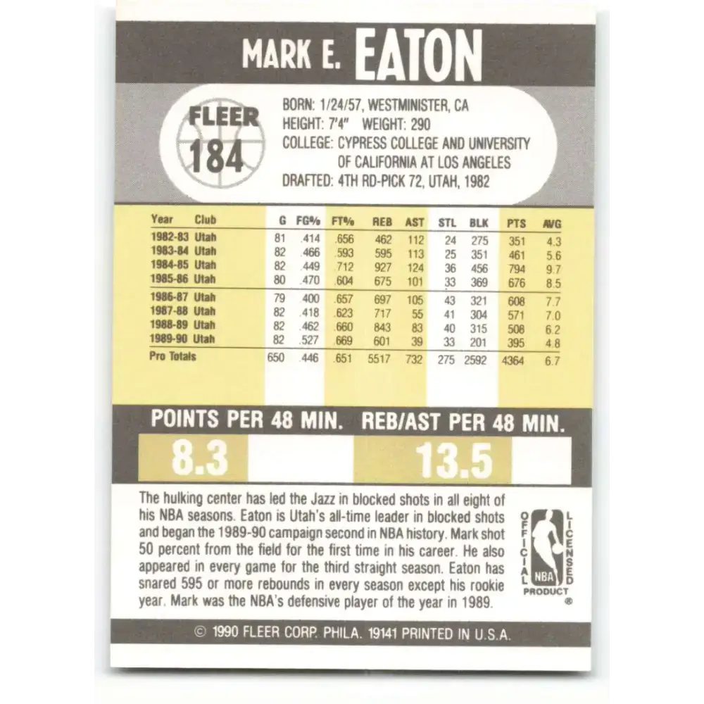 1990-91 Fleer #184 Mark Eaton EX Excellent Utah Jazz Basketball Card - Basketball Card Single
