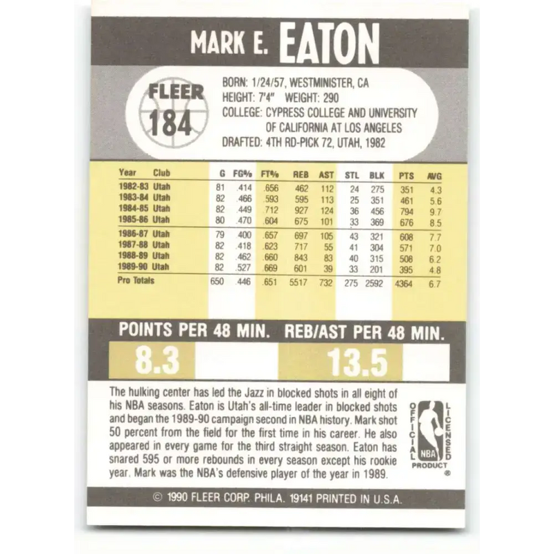 1990-91 Fleer #184 Mark Eaton EX Excellent Utah Jazz Basketball Card - Basketball Card Single
