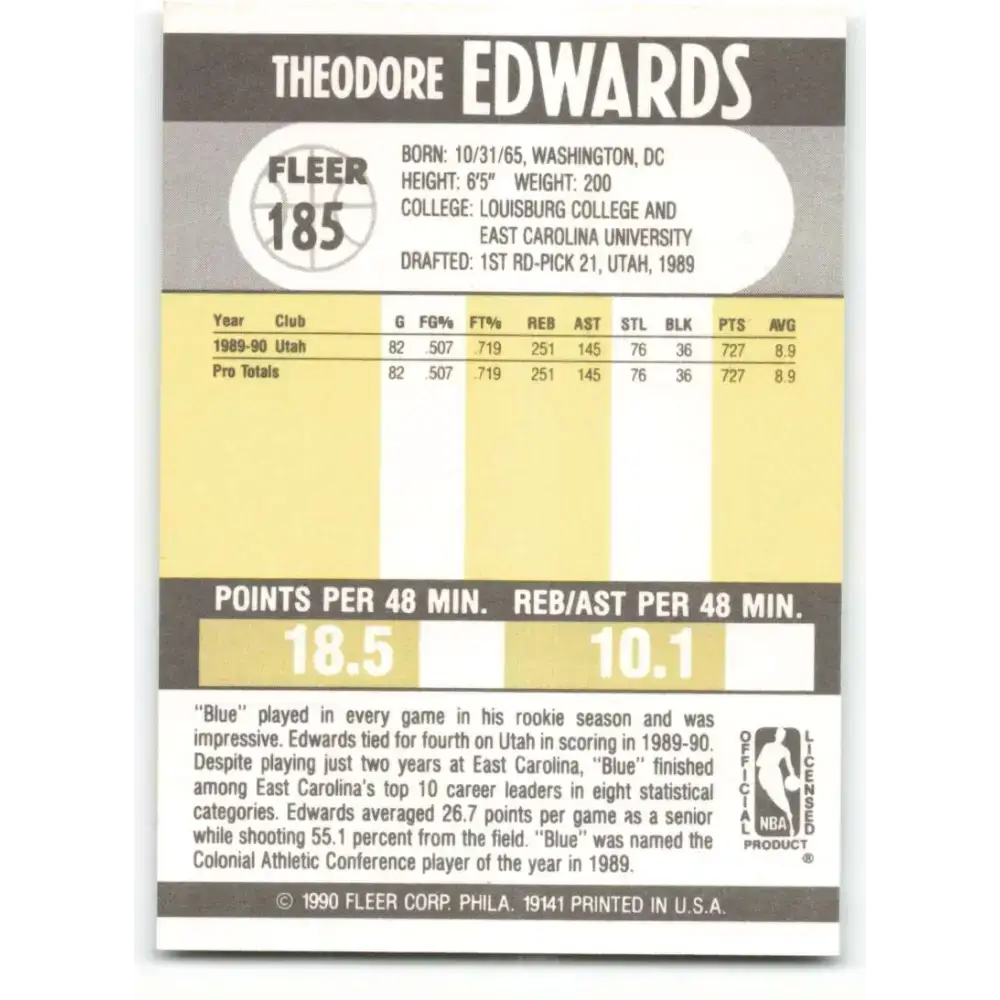 1990-91 Fleer #185 Blue Edwards EX Excellent RC Rookie Utah Jazz Basketball Card - Basketball Card Single