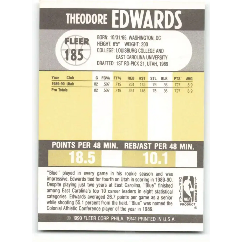 1990-91 Fleer #185 Blue Edwards EX Excellent RC Rookie Utah Jazz Basketball Card - Basketball Card Single