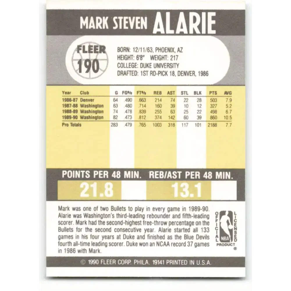 1990-91 Fleer #190 Mark Alarie EX Excellent Washington Bullets Basketball Card - Basketball Card Single