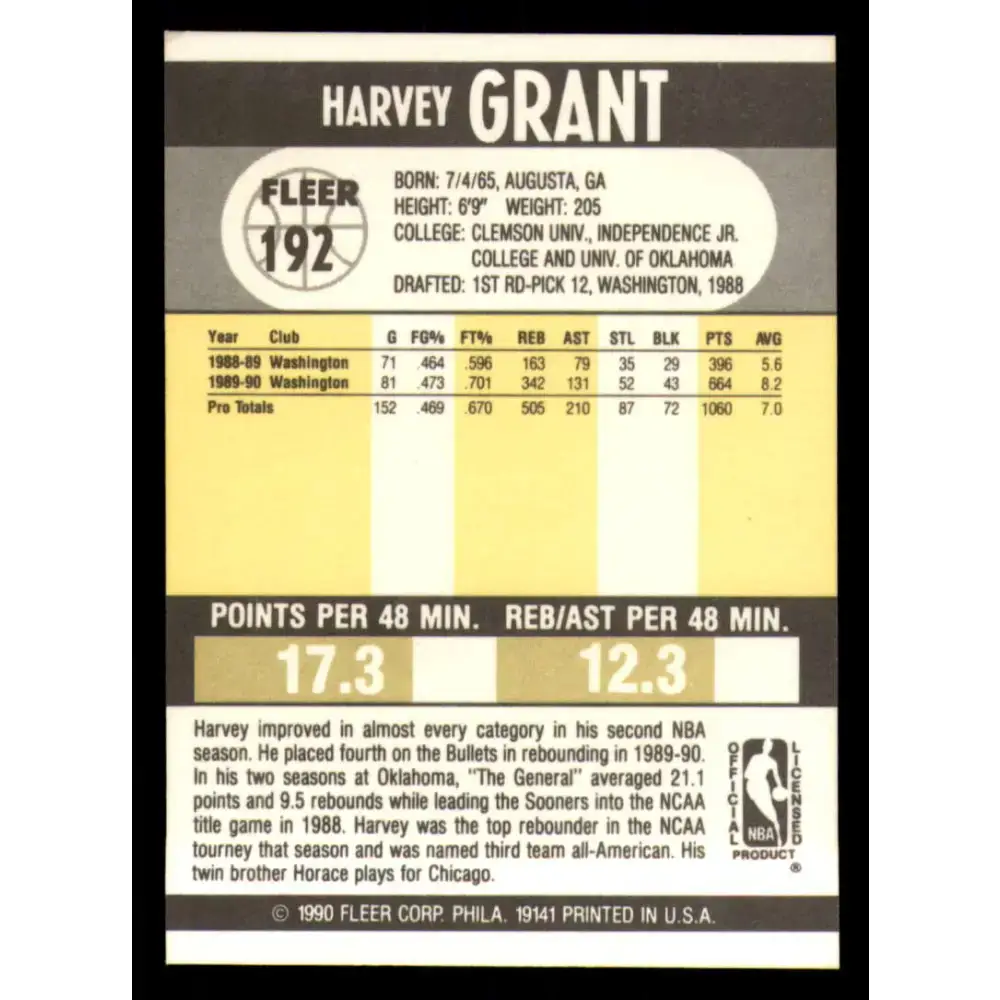 1990-91 Fleer #192 Harvey Grant EX Excellent Washington Bullets Basketball Card - Basketball Card Single