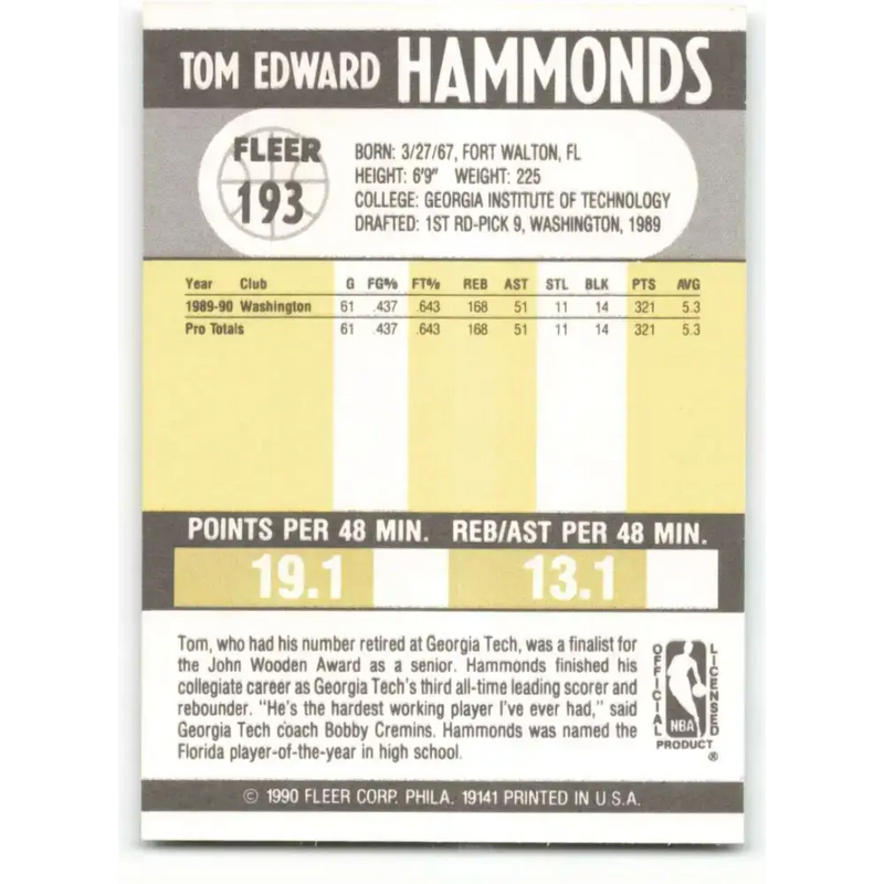 1990-91 Fleer #193 Tom Hammonds EX Excellent RC Rookie Washington Bullets Basketball Card - Basketball Card Single