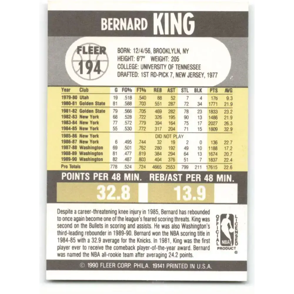 1990-91 Fleer #194 Bernard King EX Excellent Washington Bullets Basketball Card - Basketball Card Single