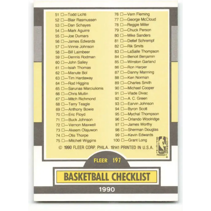 1990-91 Fleer #197 Checklist 1-99 EX Excellent Basketball Card