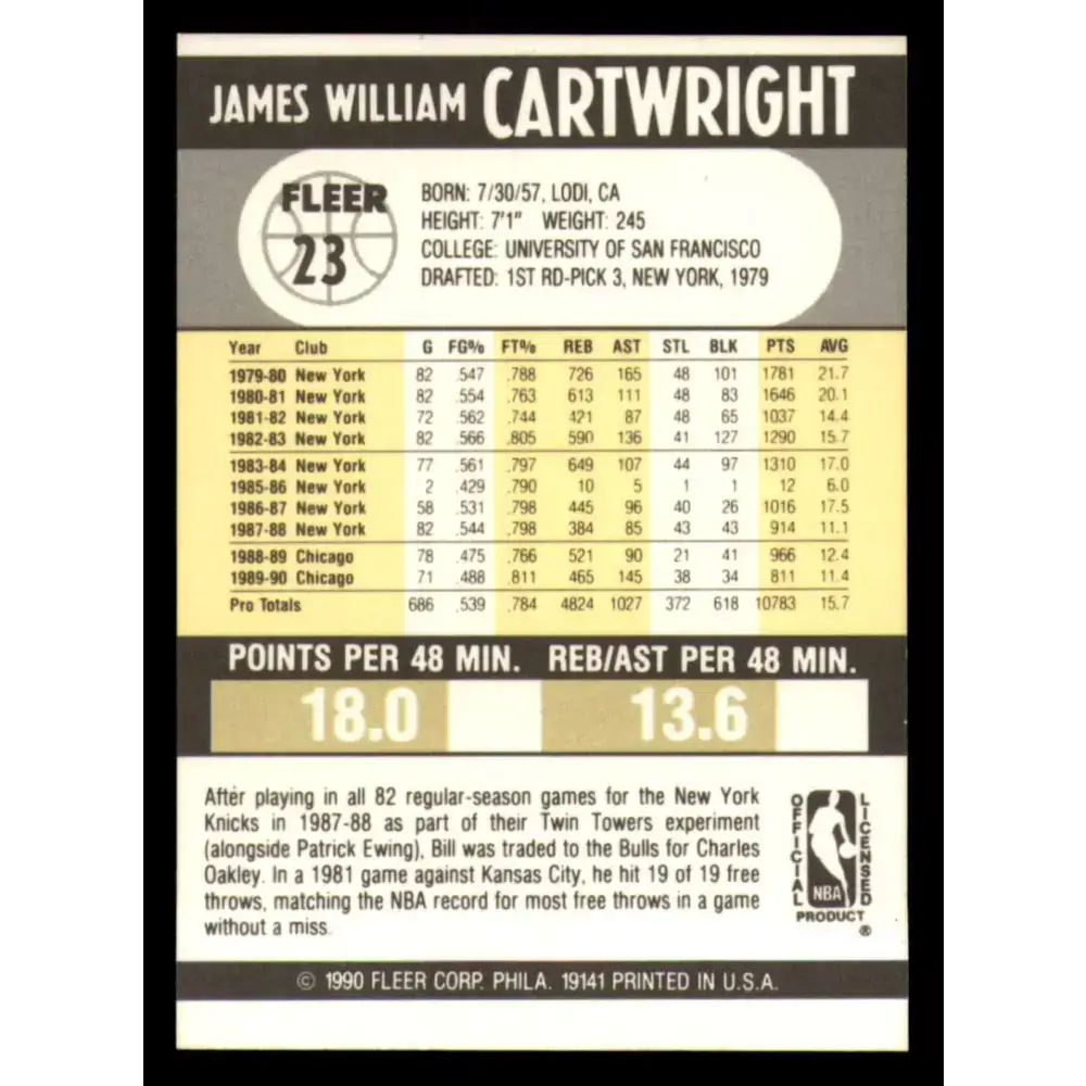 1990-91 Fleer #23 Bill Cartwright EX Excellent Chicago Bulls Basketball Card - Basketball Card Single