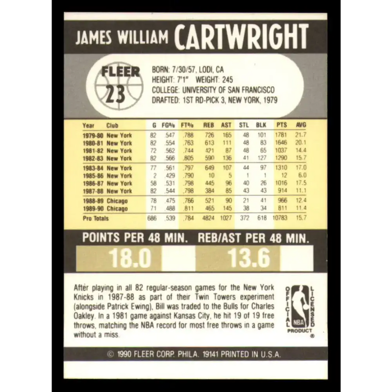 1990-91 Fleer #23 Bill Cartwright EX Excellent Chicago Bulls Basketball Card - Basketball Card Single
