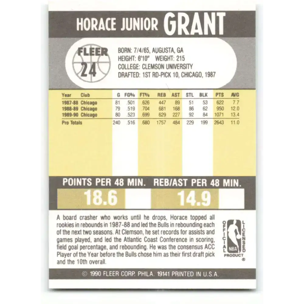 1990-91 Fleer #24 Horace Grant EX Excellent Chicago Bulls Basketball Card - Basketball Card Single