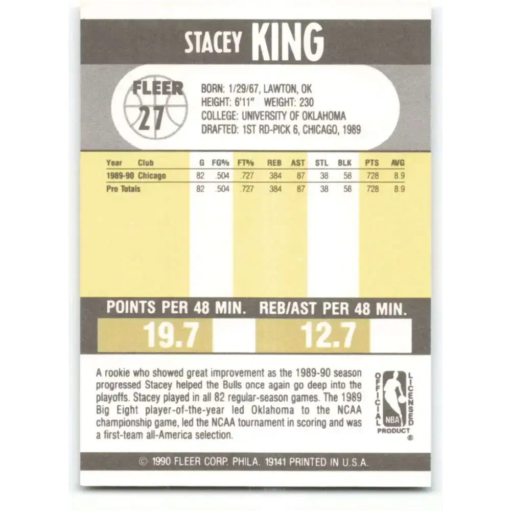 1990-91 Fleer #27 Stacey King EX Excellent RC Rookie Chicago Bulls Basketball Card - Basketball Card Single