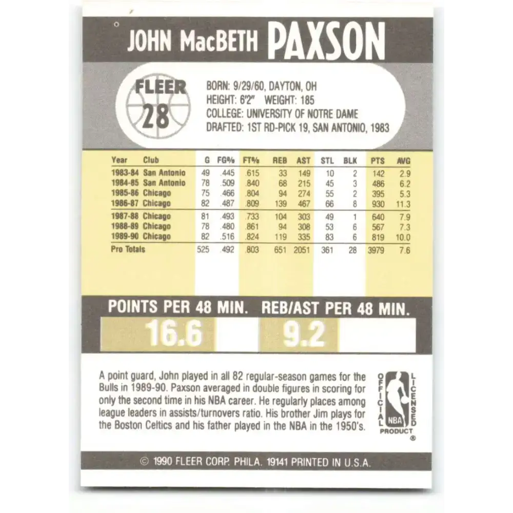 1990-91 Fleer #28 John Paxson EX Excellent Chicago Bulls Basketball Card - Basketball Card Single