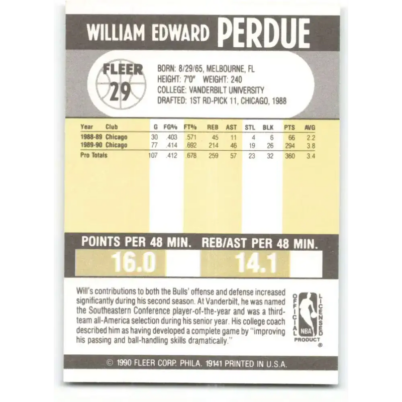 1990-91 Fleer #29 Will Perdue EX Excellent Chicago Bulls Basketball Card - Basketball Card Single