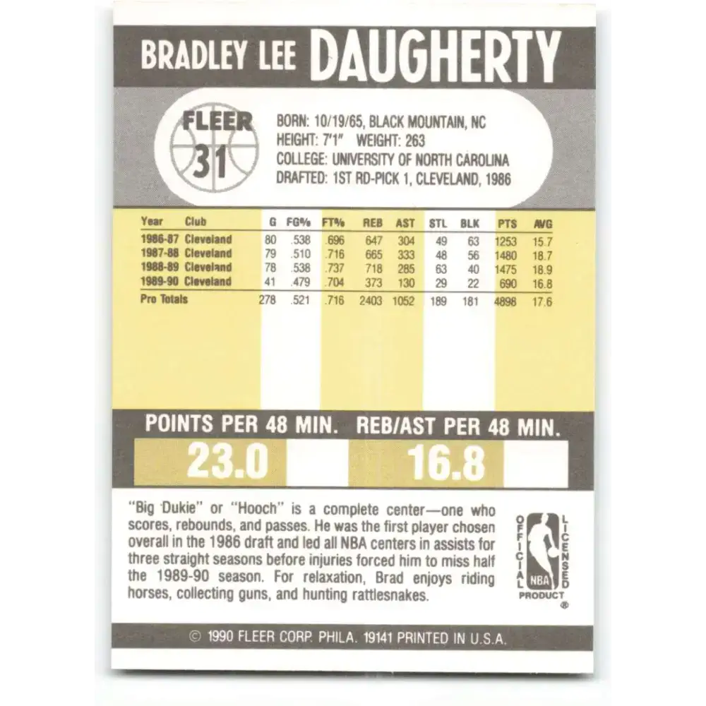 1990-91 Fleer #31 Brad Daugherty EX Excellent Cleveland Cavaliers Basketball Card - Basketball Card Single