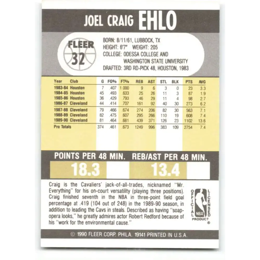 1990-91 Fleer #32 Craig Ehlo EX Excellent Cleveland Cavaliers Basketball Card - Basketball Card Single