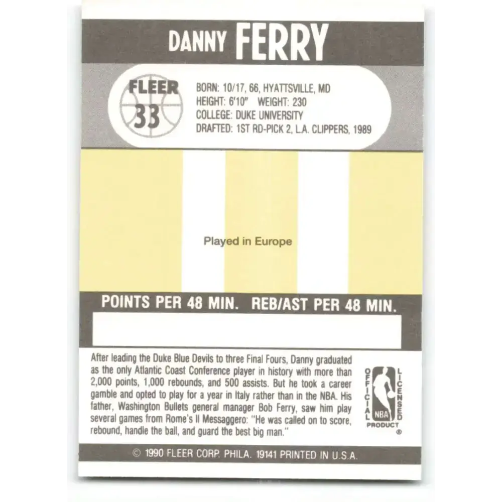 1990-91 Fleer #33 Danny Ferry EX Excellent RC Rookie Cleveland Cavaliers Basketball Card - Basketball Card Single
