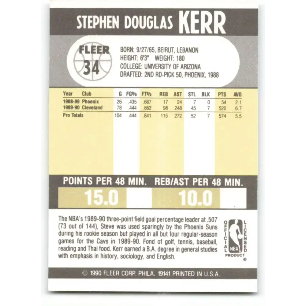 1990-91 Fleer #34 Steve Kerr EX Excellent Cleveland Cavaliers Basketball Card - Basketball Card Single