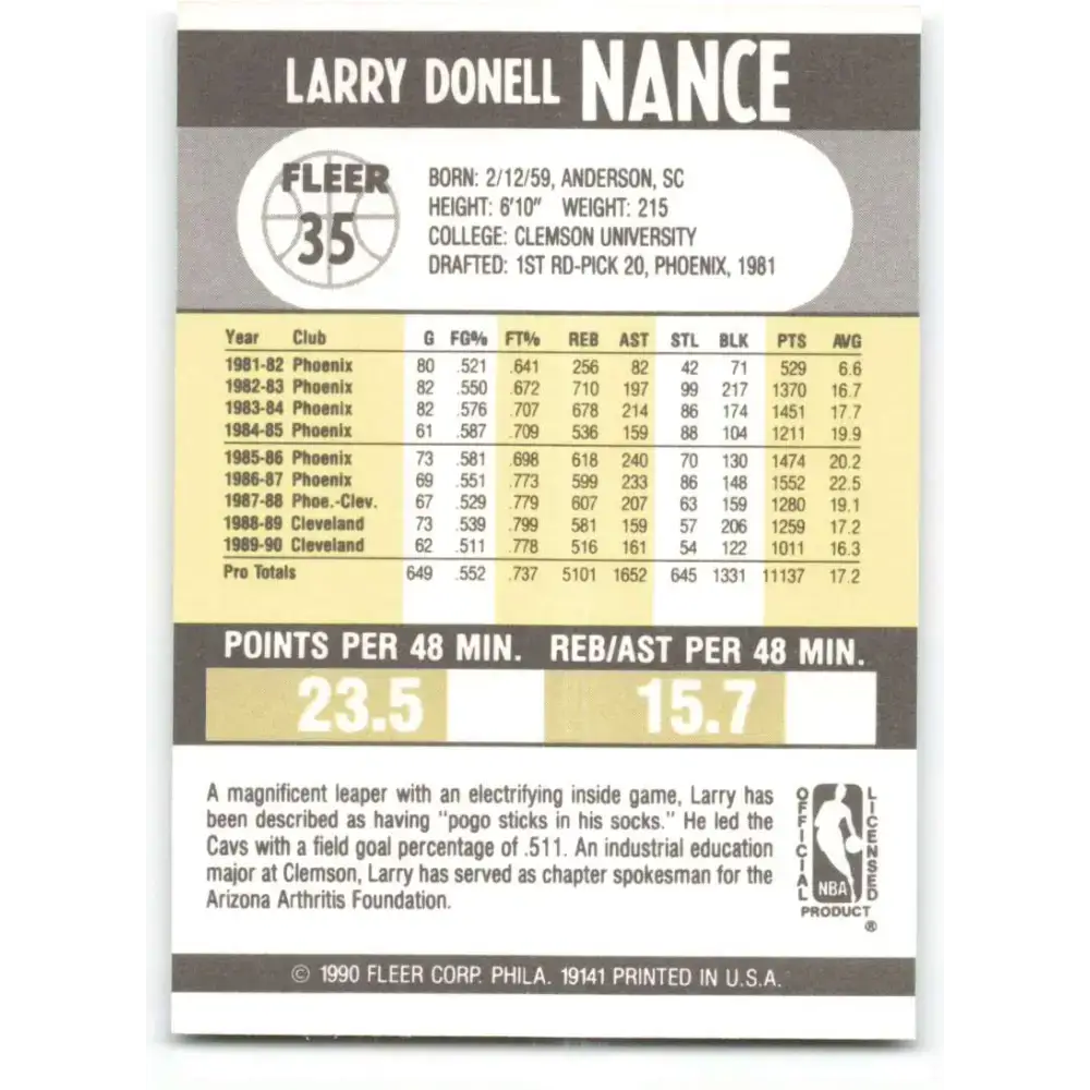1990-91 Fleer #35 Larry Nance EX Excellent Cleveland Cavaliers Basketball Card - Basketball Card Single