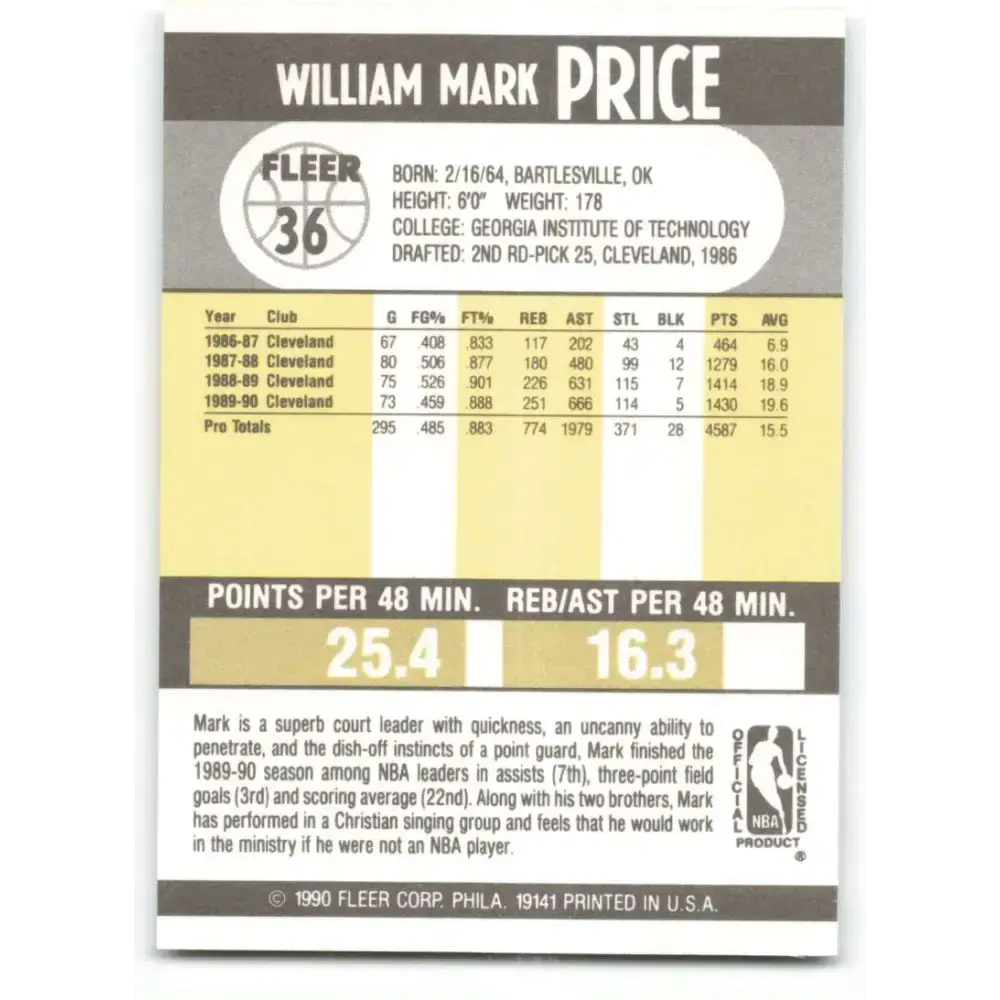 1990-91 Fleer #36 Mark Price EX Excellent Cleveland Cavaliers Basketball Card - Basketball Card Single