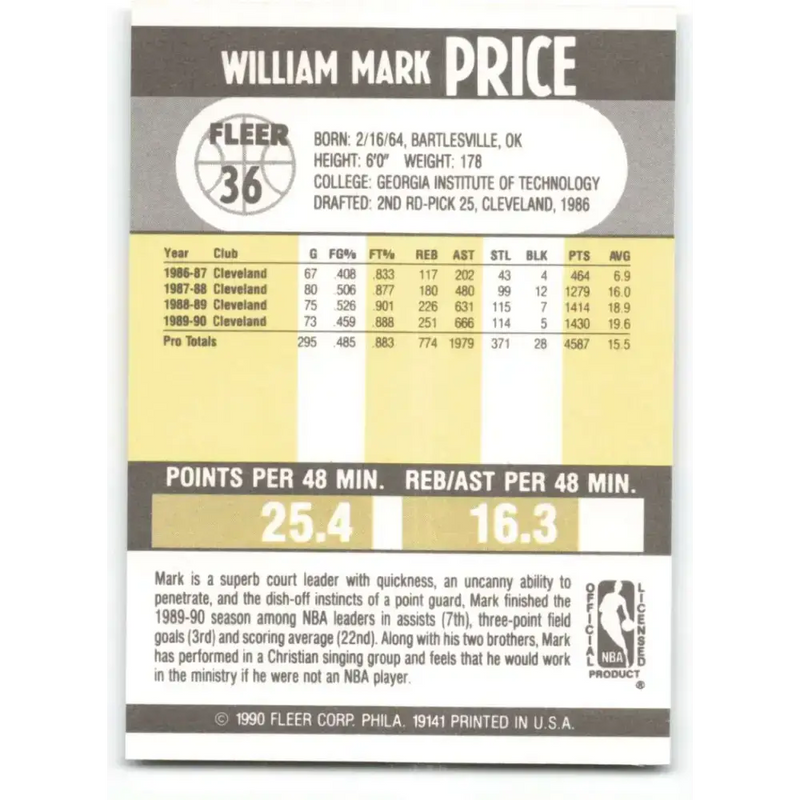 1990-91 Fleer #36 Mark Price EX Excellent Cleveland Cavaliers Basketball Card - Basketball Card Single