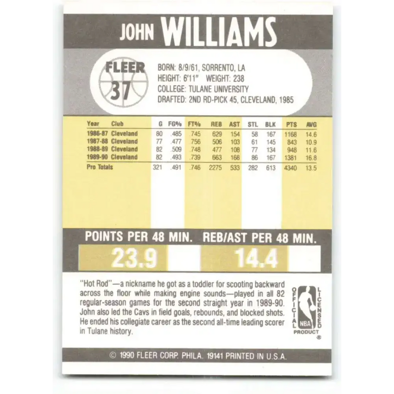 1990-91 Fleer #37 Hot Rod Williams EX Excellent Cleveland Cavaliers Basketball Card - Basketball Card Single