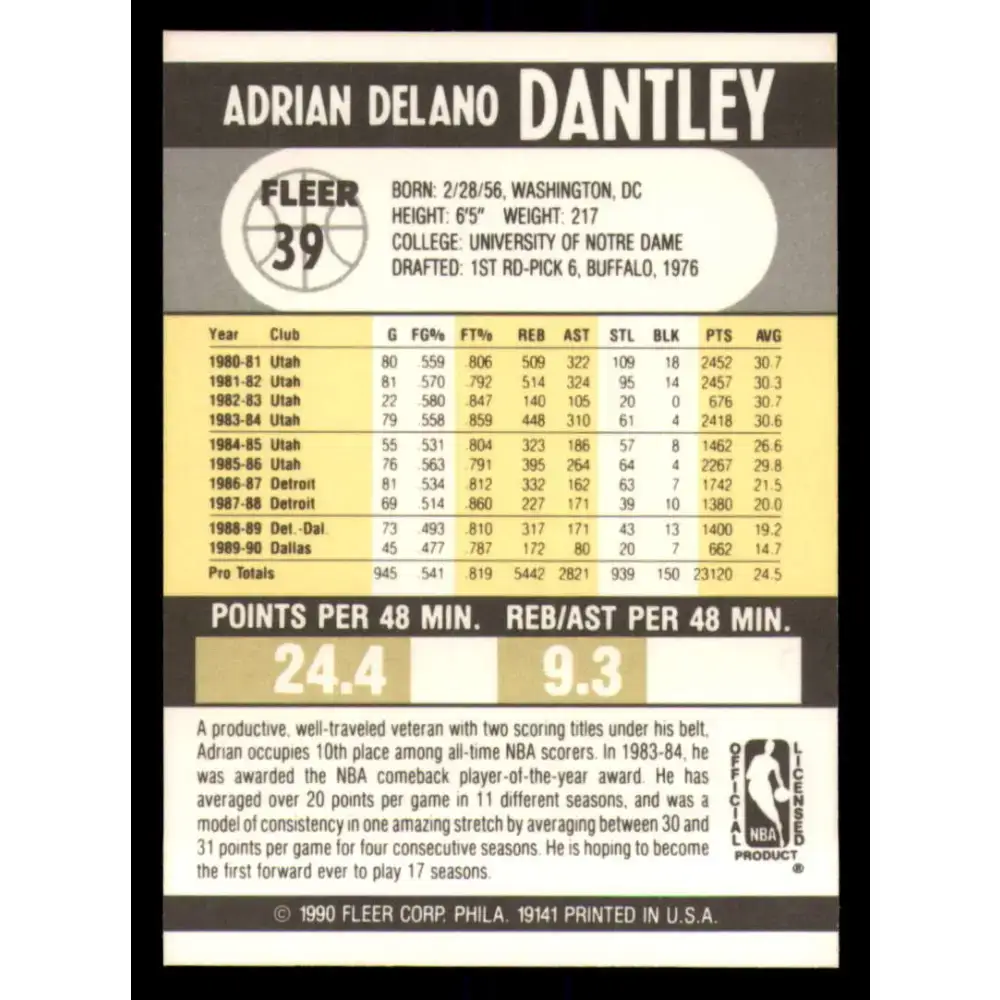 1990-91 Fleer #39 Adrian Dantley EX Excellent Dallas Mavericks Basketball Card - Basketball Card Single