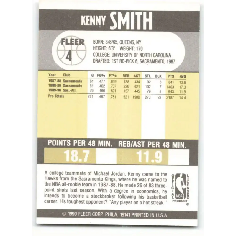 1990-91 Fleer #4 Kenny Smith EX Excellent Atlanta Hawks Basketball Card - Basketball Card Single